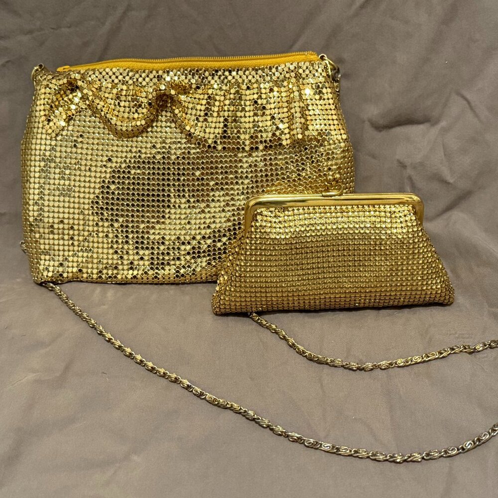 80s vintage gold mesh vanity set, purse and coin purse, one of a kind